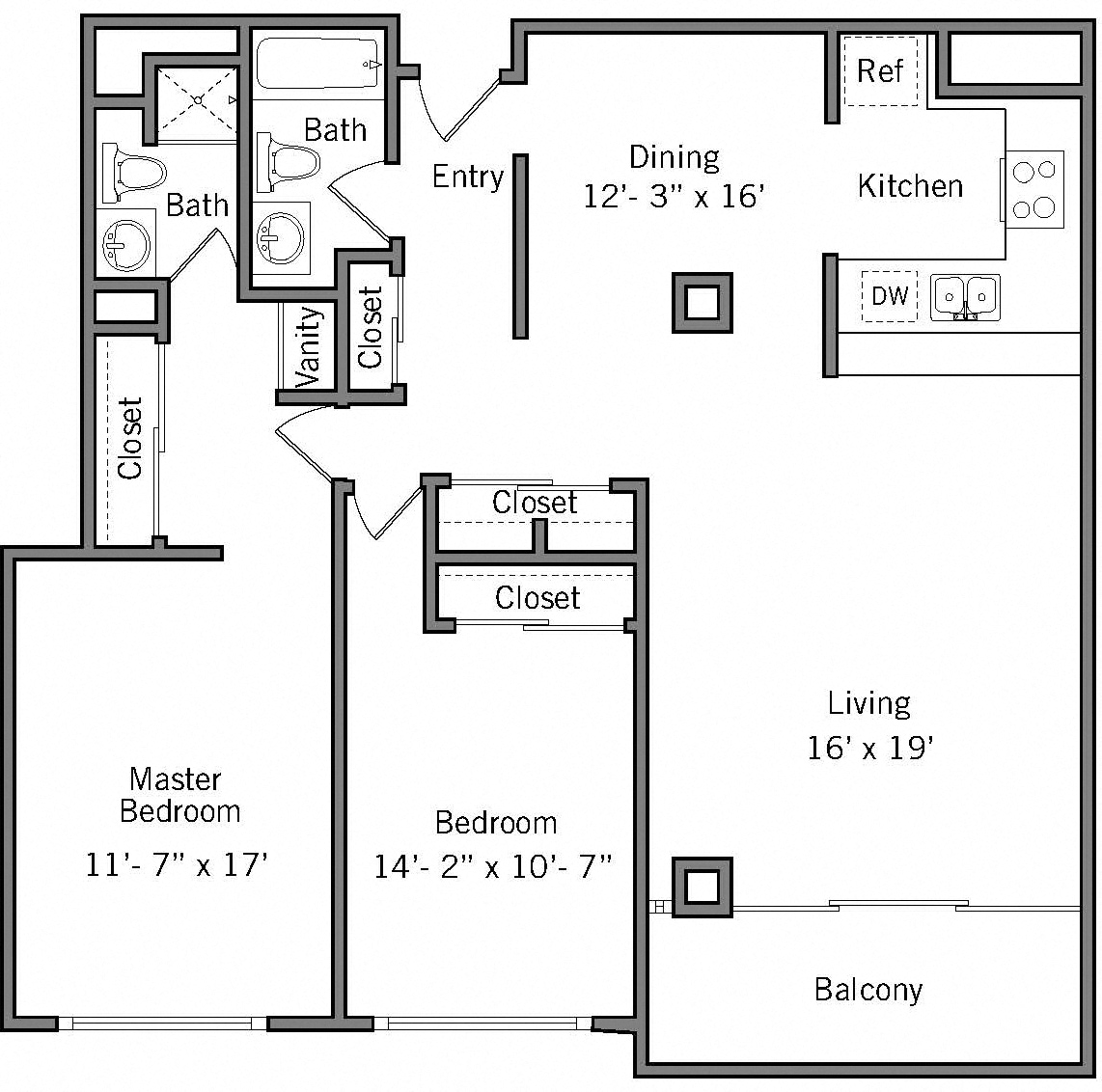 Floor plan for 2 beds, 2 baths, 1344 sqft